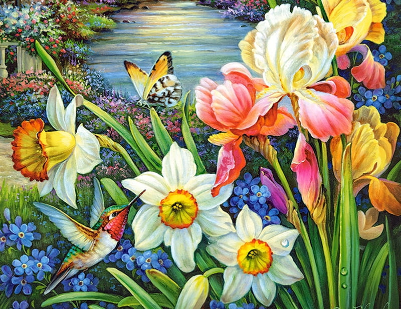 Spring Flowers, daffodils, painting, flowers, lilies, river, butterflies, hummingbird, artwork, HD wallpaper