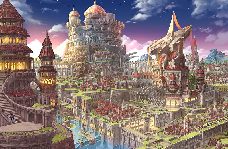 Ciudad de fantasía anime, castillo, pueblo, cascada, bruja, anime, Fondo de  pantalla HD | Peakpx