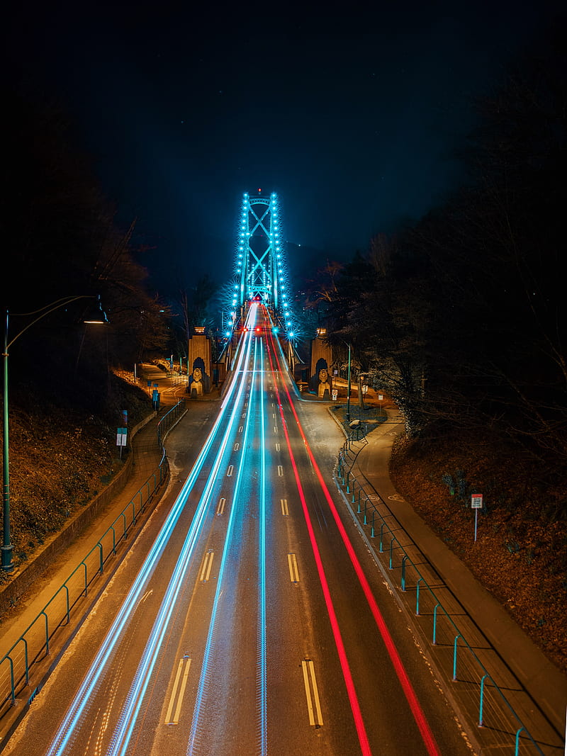 road, bridge, long exposure, neon, stripes, HD phone wallpaper