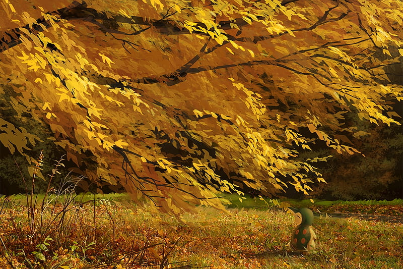 Pokemon, kitsuna, autumn, luminos, wind, manga, yellow, leaf, tree, anime, HD wallpaper