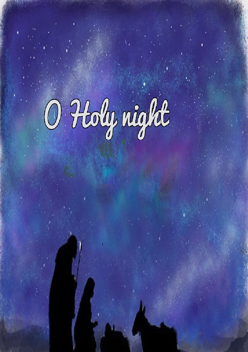 O holy night, blue, christian, christmas, holy night, jesus, pretty, starry sky, stars, verse, HD phone wallpaper