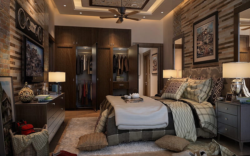 luxurious interior design, bedroom, mess concepts, draft bedroom, brown bedroom, beautiful furniture, HD wallpaper