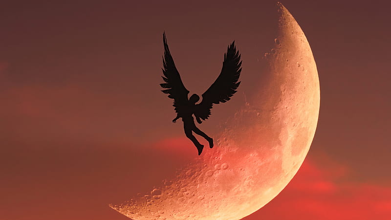Angel Boy Flying To Moon , angel, boy, hoodie, wings, artist, artwork, digital-art, HD wallpaper