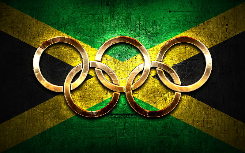 Jamaican olympic team, golden olympic rings, Jamaica at the Olympics, creative, Jamaican flag, metal background, Jamaica Olympic Team, flag of Jamaica, HD wallpaper