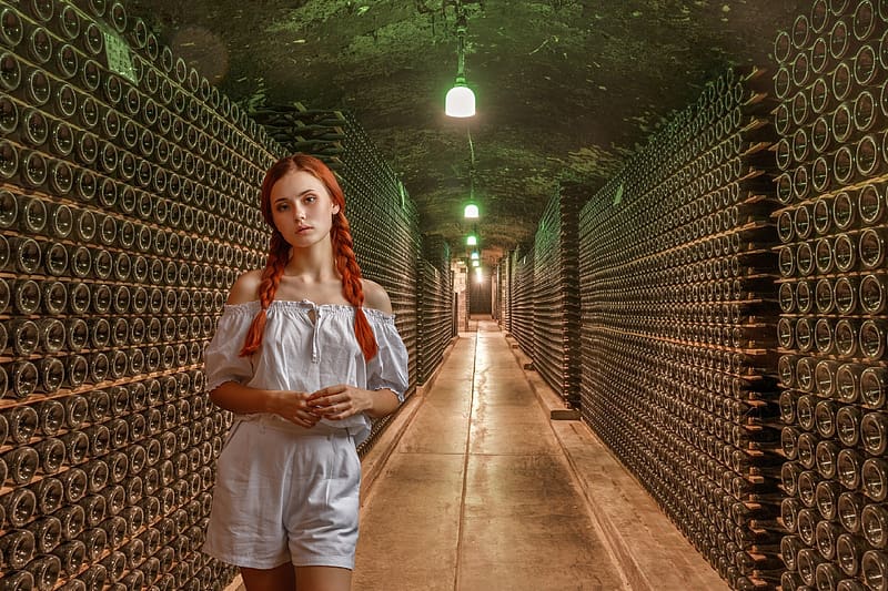 Nadeza Tretyakova in a Wine Cellar, redhead, model, wine, shorts, bottles, HD wallpaper