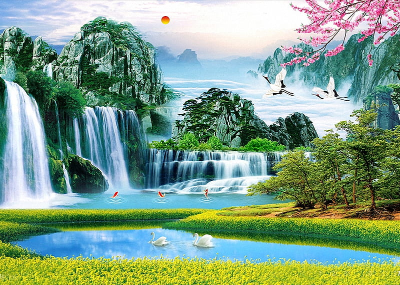 Waterfalls of China, birds, grass, trees, waterfalls, HD wallpaper