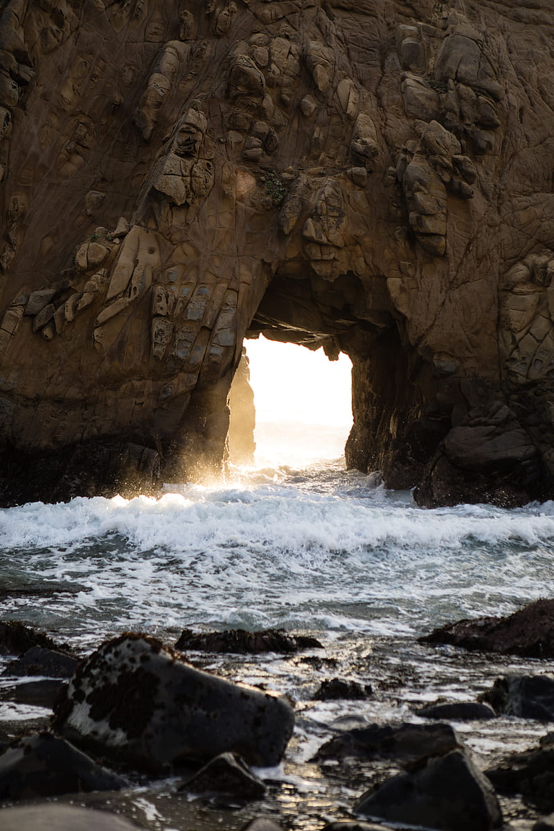 cave, rocks, waves, water, HD phone wallpaper