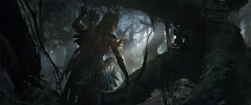 Archer, forest, fantasy, tree, elf, shadow, cao ke, caoke, HD wallpaper
