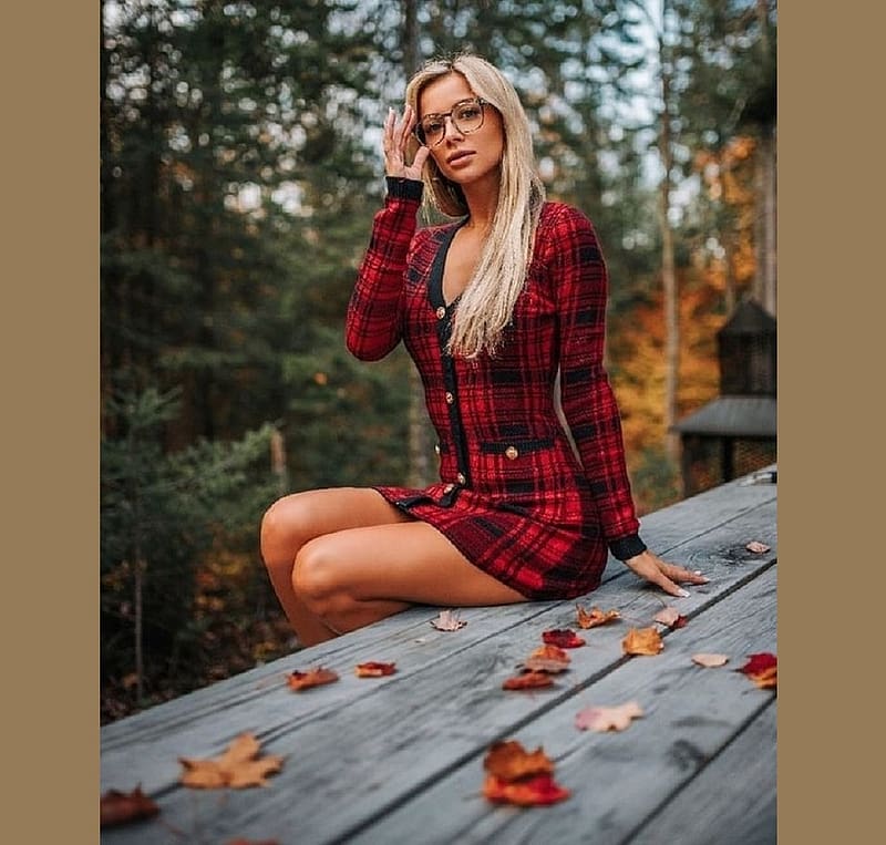 Franceska Fournier, blonde, sitting, buttons front, large frame glasses, trees, short plaod outfit, wood deck, leaves on deck, HD wallpaper