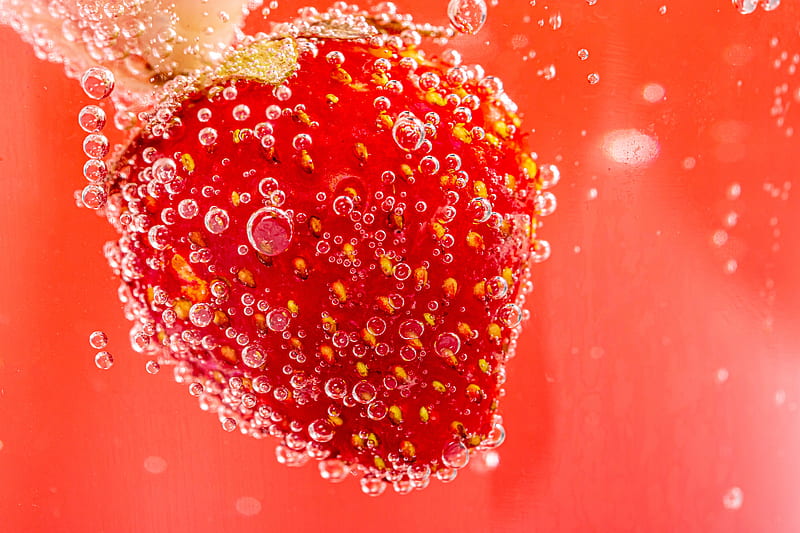 strawberry, bubbles, macro, berry, red, HD wallpaper