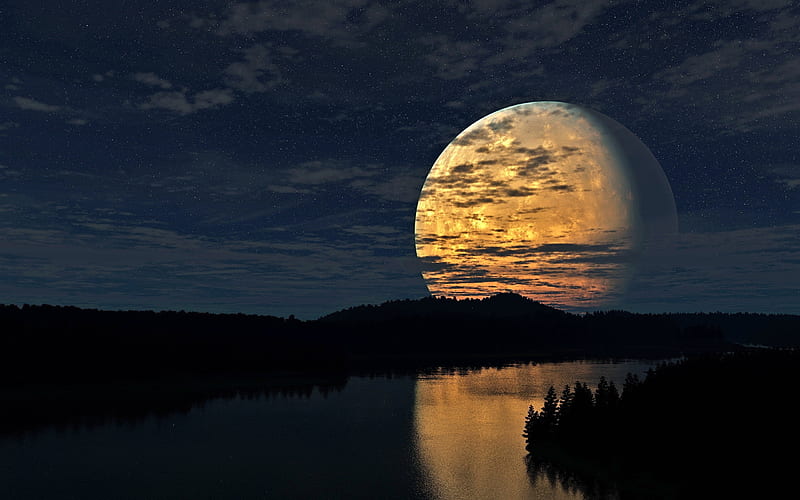 Full Moon Over a River, nature, river, moon, reflection, HD wallpaper