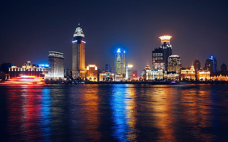 Huangpu River nightscapes, skyscrapers, Shanghai, China, Asia, HD wallpaper