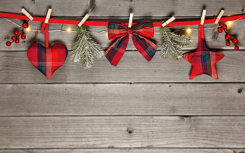 Merry Christmas!, red, craciun, christmas, heart, bow, wood, star, card, HD wallpaper