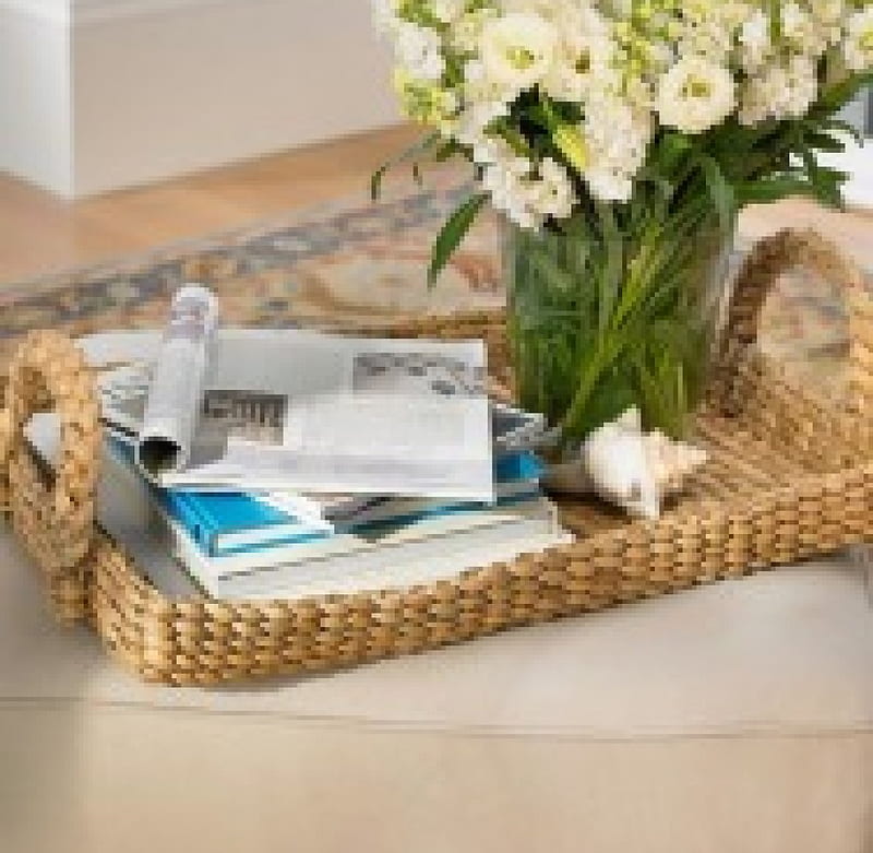 •✿•, wicker tray, interior decoration, books, wicker basket, transparent vase, flowers, white, ome, HD wallpaper
