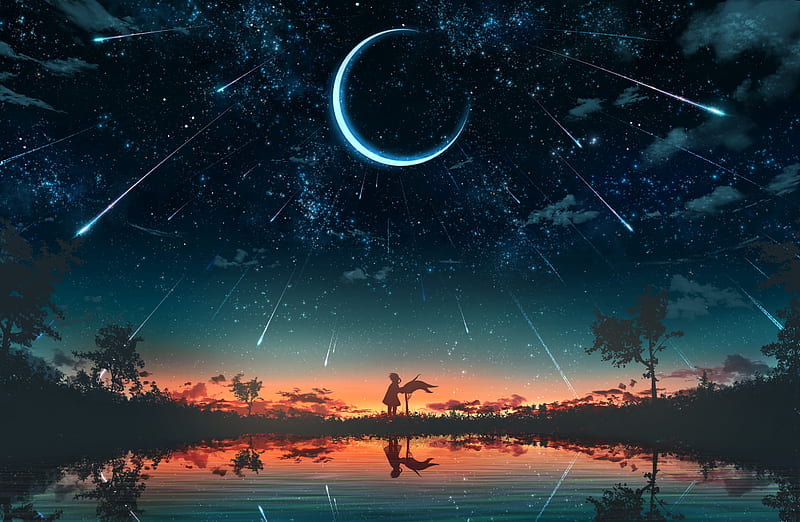 Anime, Original, Girl, Sunset, Nature, Pond, Crescent, Star Trail, Sky, HD wallpaper