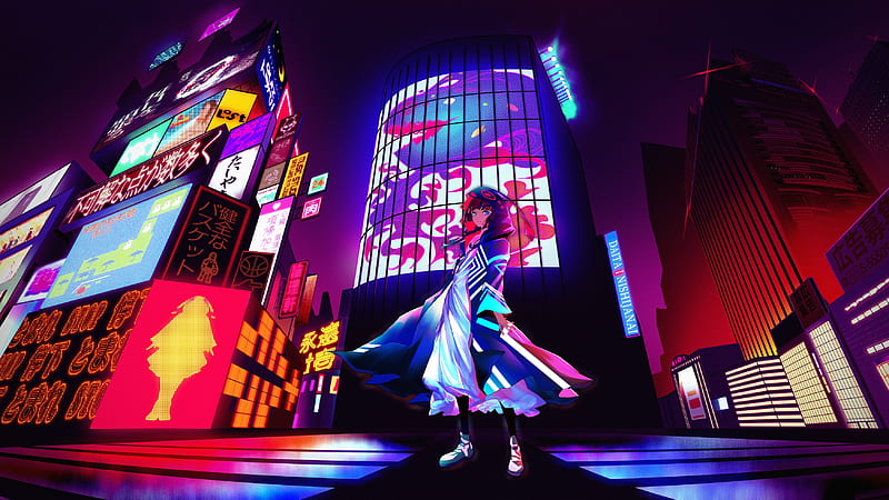 kaf, virtual kaf, polychromatic, building, night, neon city, hoodie, Anime, HD wallpaper