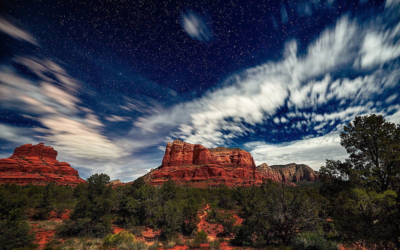 Sedona, Arizona, red rocks, starry sky, mountain landscape, rocks of Arizona, USA, HD wallpaper