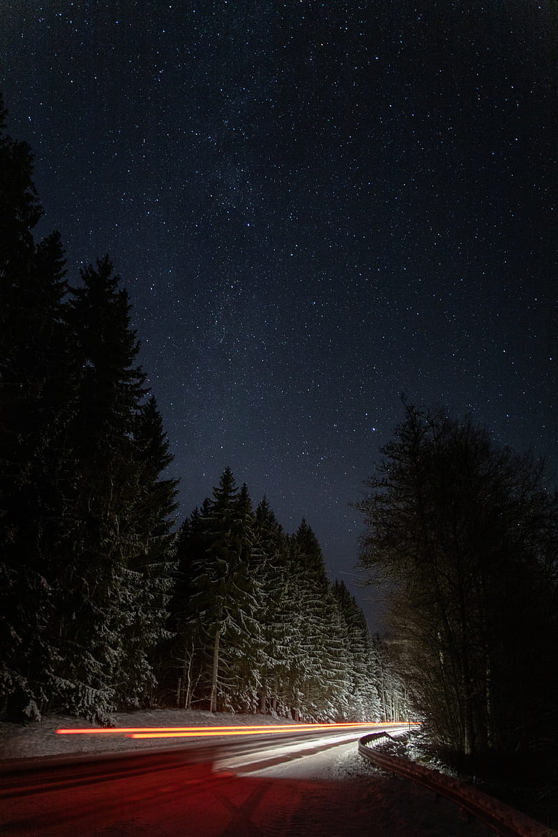 road, night, winter, lights, long exposure, dark, HD phone wallpaper