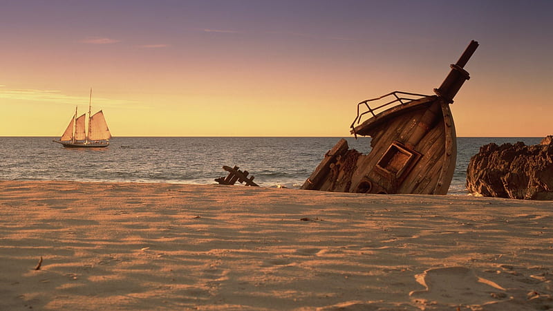 schooner off shore with ship wreck, beach, sunset, schooner, sea, ship wreck, HD wallpaper