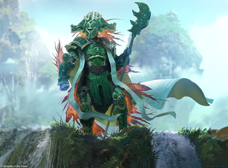Armored Knight, drawing, goddess, green, jade, man, spear, water, HD wallpaper
