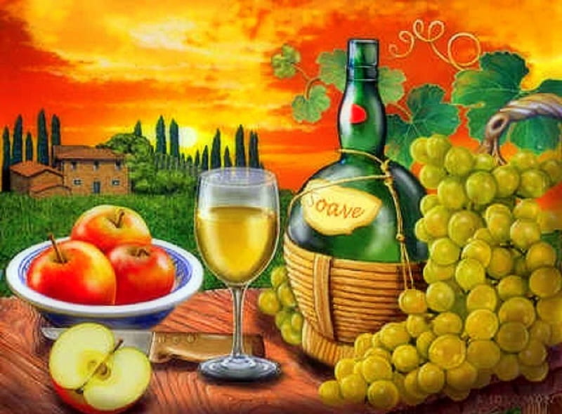 White Wine Soave, apples, fruits, glasses, love four seasons, autumn beauty, Soave, knife, grapes, white wine, wines, sunsets, nature, cheeses, bottles, vintage, HD wallpaper