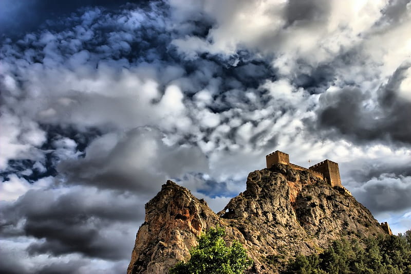 Isolated Castle, white clouds, deep blue, rock, castle, HD wallpaper