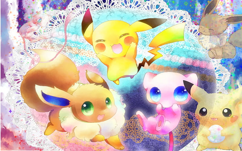 Chibi pals, evee, pokemon, mew, pikachu, HD wallpaper