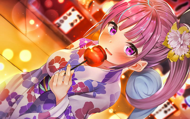 Minato Aqua, girl with pink hair, kimono, Virtual YouTuber, VTuber, Minato Aqua channel, HD wallpaper