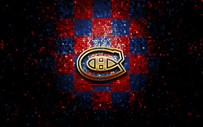 Montreal Canadiens, glitter logo, NHL, blue red checkered background, USA, canadian hockey team, Montreal Canadiens logo, mosaic art, hockey, Canada, HD wallpaper