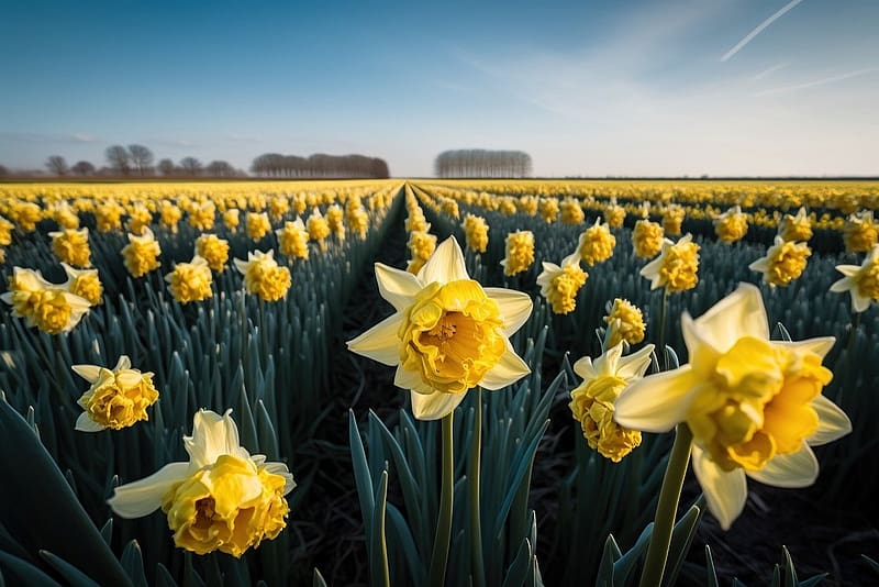 Field of daffodils, kivirul, viragok, szirmok, termeszet, kozelkep, tavaszi, narciszok, HD wallpaper
