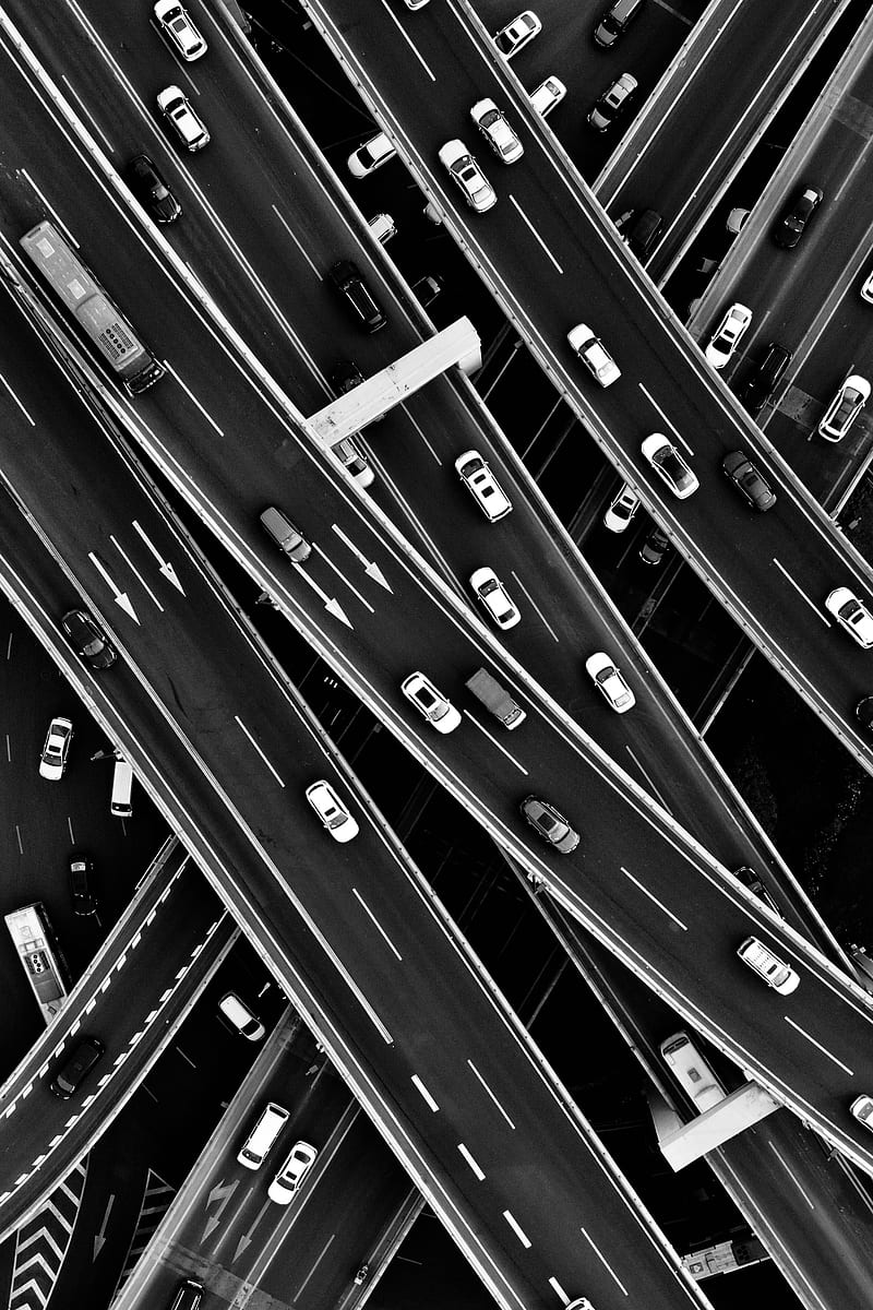 road junction, interchange, aerial view, bw, carros, movement, HD phone wallpaper