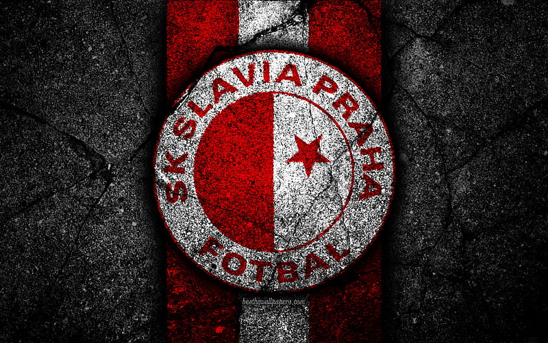 Slavia FC, emblem, football, Czech football club, black stone, 1 Liga, Slavia Prague, Czech Republic, asphalt textures, Czech First League, soccer, FC Slavia, HD wallpaper