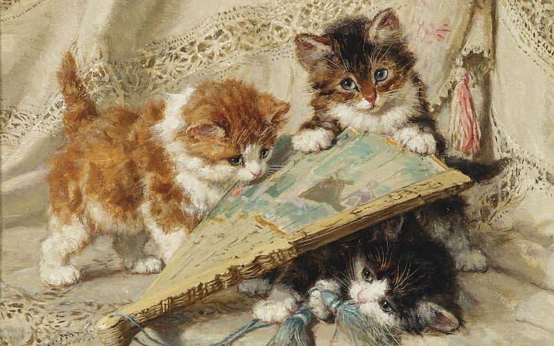 Kittens, art, painting, henriette ronner knipe, hand fan, pisici, kitten, HD wallpaper