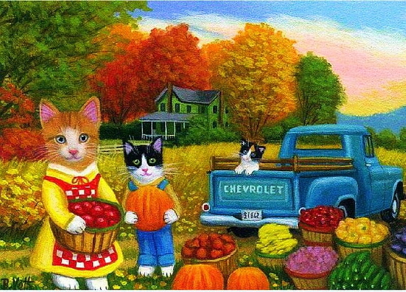 Countryside Fall Season, cake, fruits, car, trees, cats, pumpkins, HD wallpaper