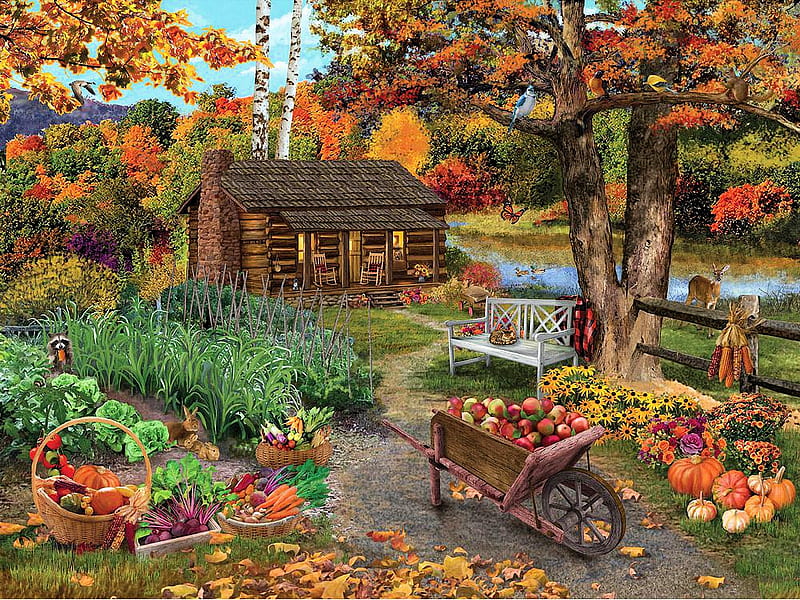 Harvest At The Cabin, fruits, cart, birds, colors, vegetables, trees, pumpkins, artwork, leaves, digital, HD wallpaper