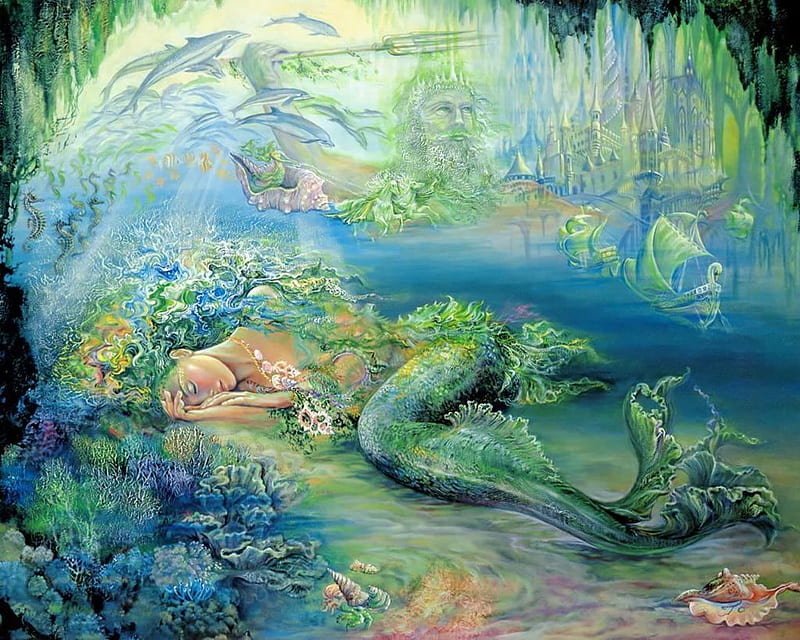 Dreams Of Atlantis, seashells, fantasy, dolphins, ocean, mermaid, abstract, HD wallpaper