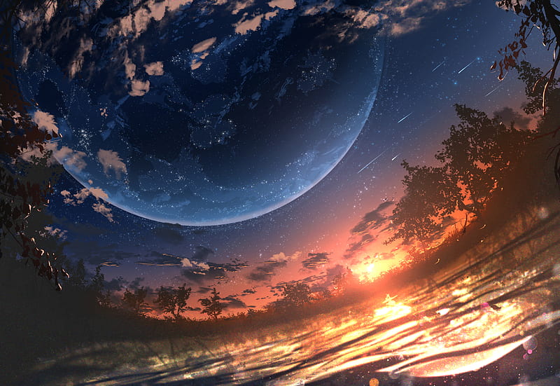 Anime, Original, Lake, Planet, Shooting Star, Starry Sky, Sunset, HD wallpaper