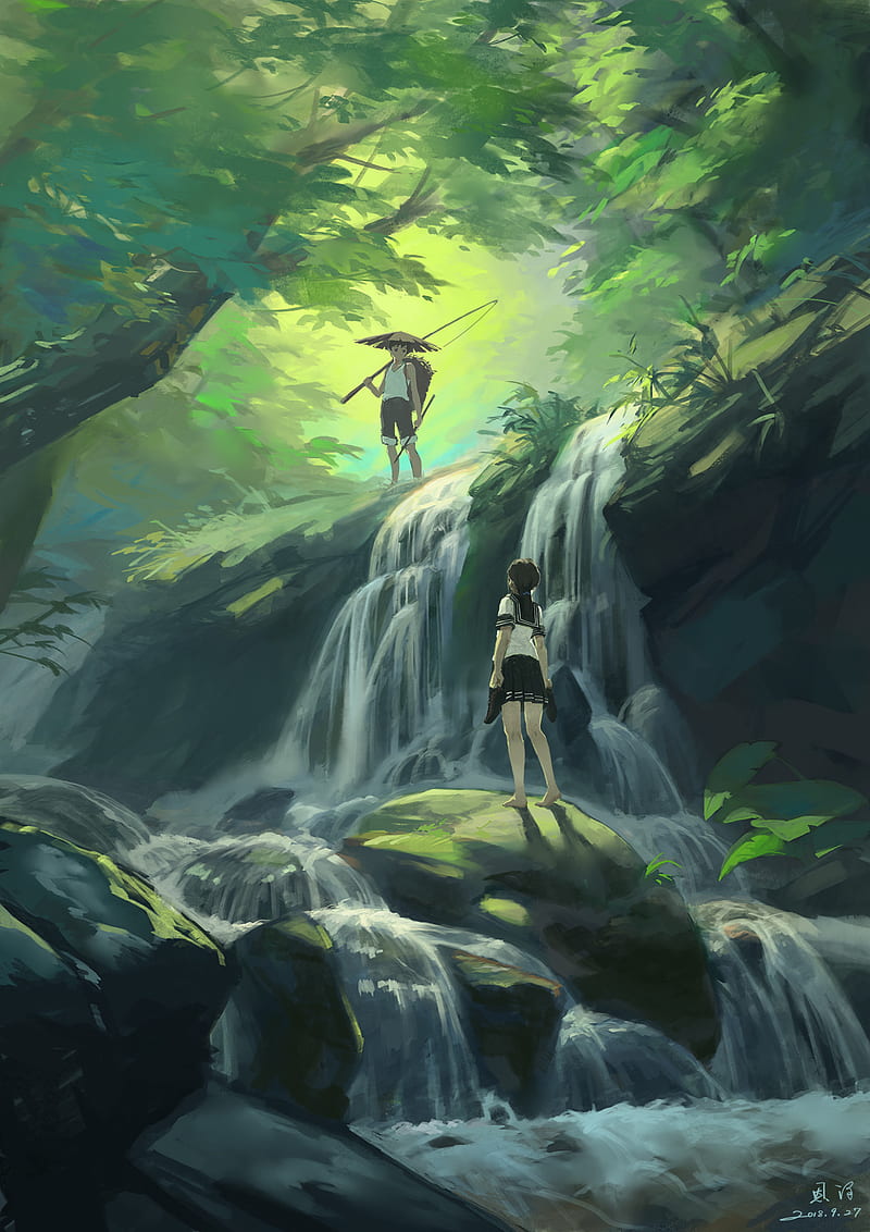 boy, girl, waterfall, art, forest, jungle, HD phone wallpaper