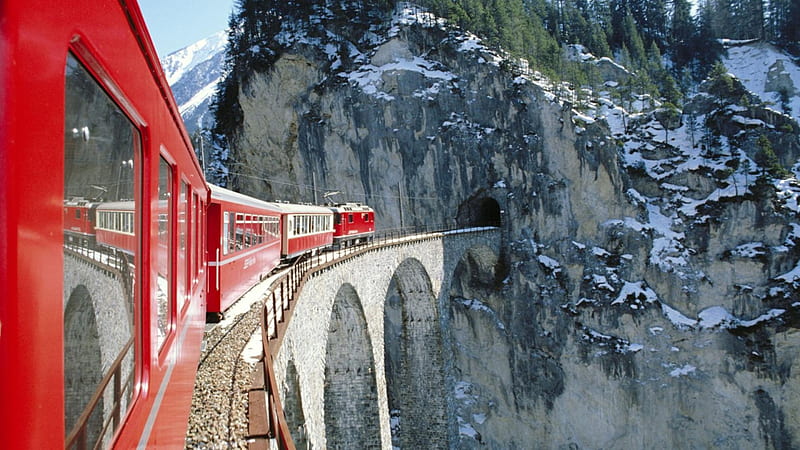 train to a tunnel in the alps, tarin, tunnel, bridge, mountains, HD wallpaper
