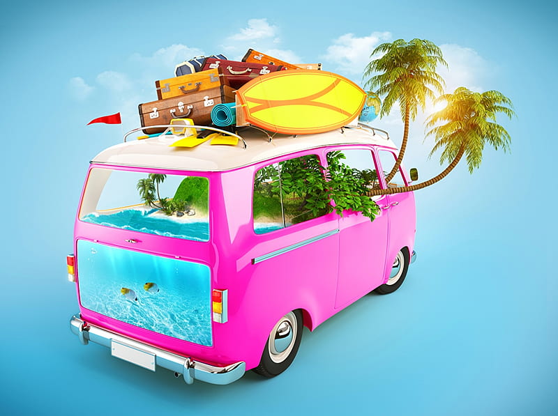 Summer Travel, Palm trees, Bus, Vacation, Suitcase, HD wallpaper