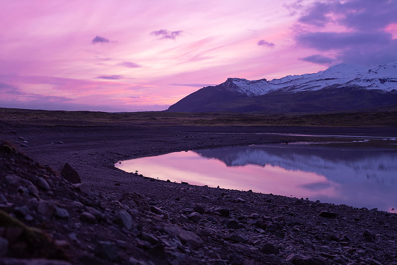 mountains, lake, sunset, sky, stones, HD wallpaper