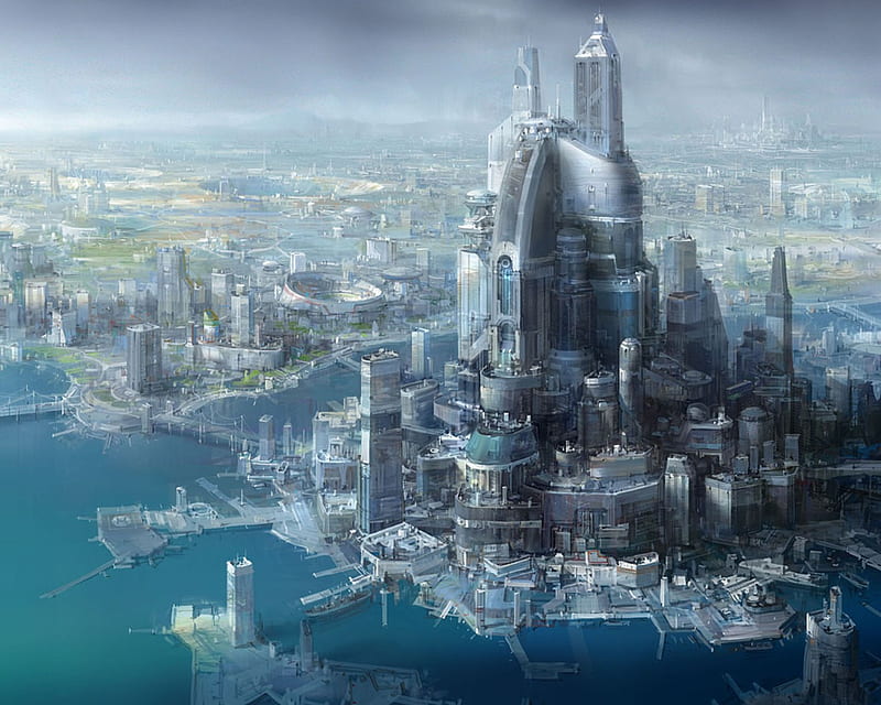 FUTURE FANTASY CITY ON ICE FLOES, city, fantasy, abstract, HD wallpaper