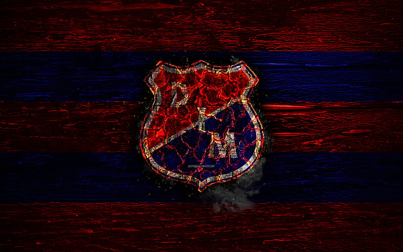 Independiente Medellin FC, fire logo, Liga Aguila, red and blue lines, Colombian football club, grunge, football, Categoria Primera A, Deportivo Independiente Medellin, soccer, Independiente Medellin logo, wooden texture, Colombia, HD wallpaper