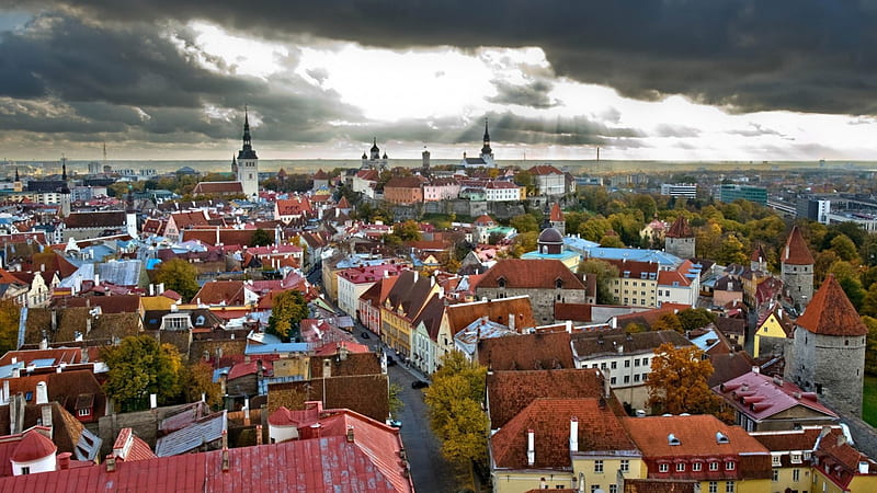 rooftop view of tallinn esonia, city, view, roofs, churches, sunbeams, clouds, HD wallpaper