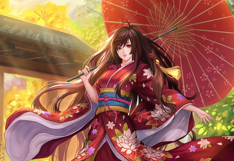 Girl, red, autumn, umbrella, manga, yellow, nguyen uy vu, kimono, anime, HD wallpaper