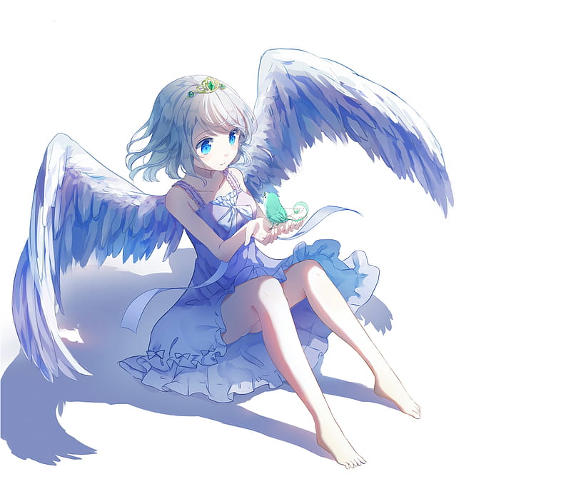 Angel, pretty, dress, white hair, bonito, woman, sweet, anime, beauty, anime girl, feathers, blue, female, wings, lovely, soft, short hair, girl, crown, lady, white, HD wallpaper