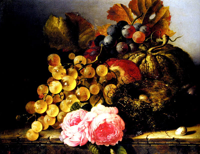 Antique, grapes, art, still life, purple, painting, melon, roses, pink, HD wallpaper
