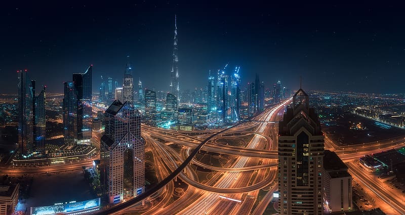 Cities, Night, City, Skyscraper, Building, Light, Dubai, United Arab Emirates, Highway, HD wallpaper