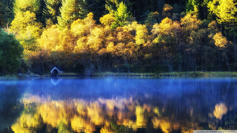 Autumn Boathouse, autumn, boathouse, nature, reflection, trees, lake, HD wallpaper