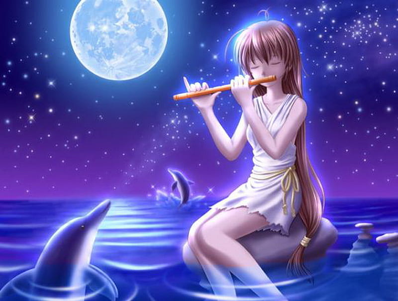 Girl with Dolphin, female, fish, music, ocean, sea, cute, dolphin, moon, water, girl, anime, flute, anime girl, HD wallpaper